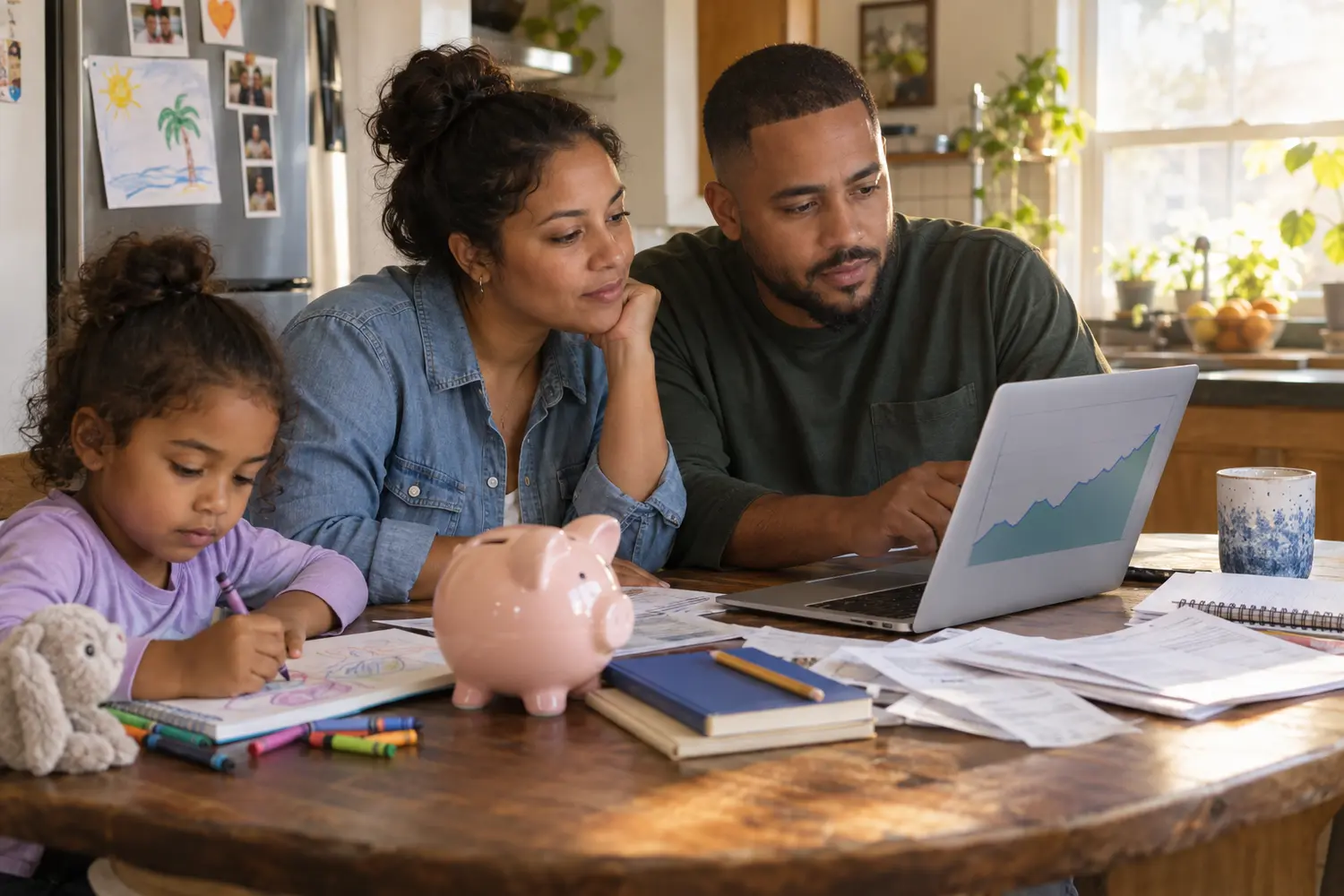 A California family reviewing a long-term investment account at their kitchen table