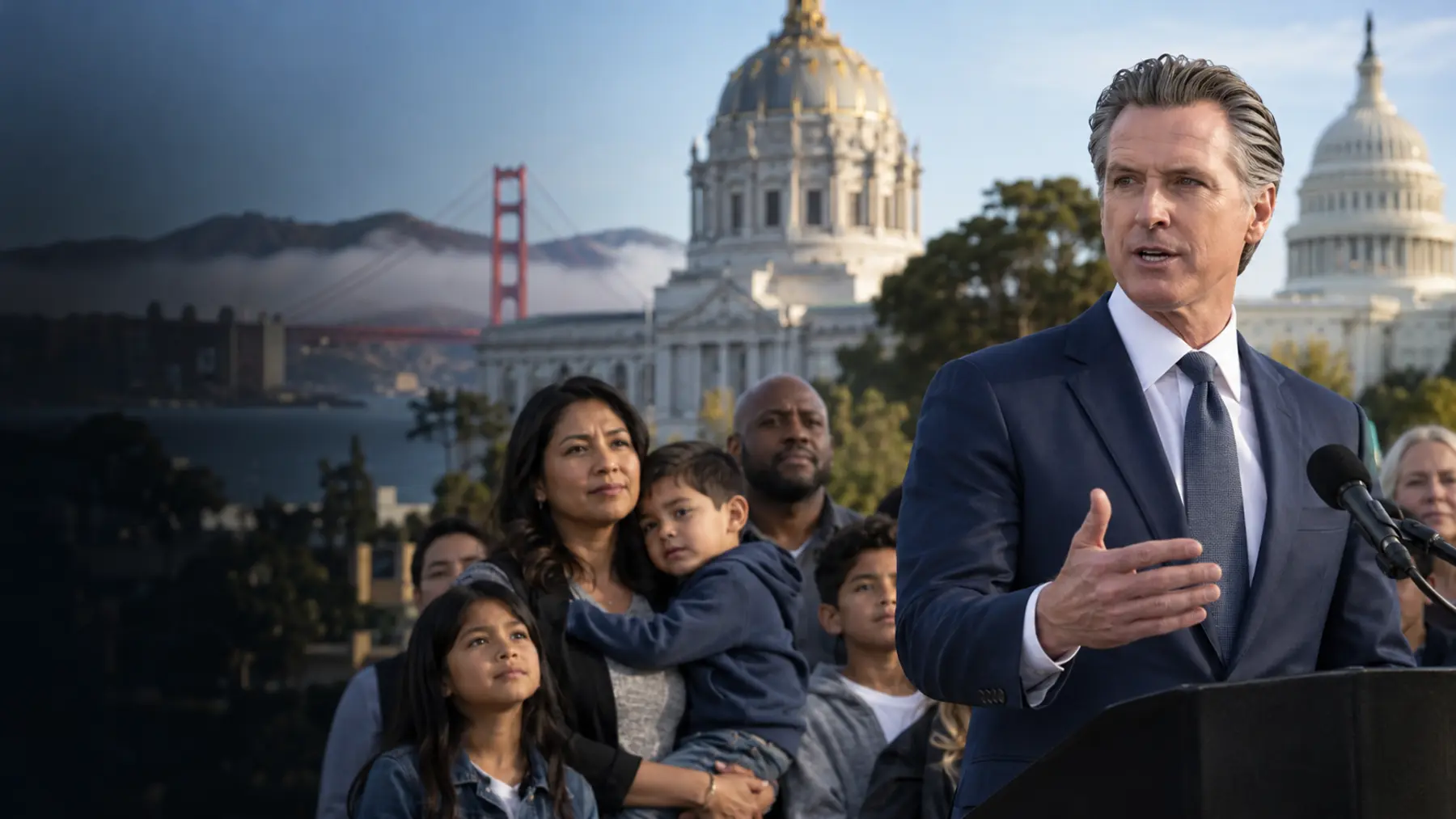 California Governor Gavin Newsom speaking with California families behind him