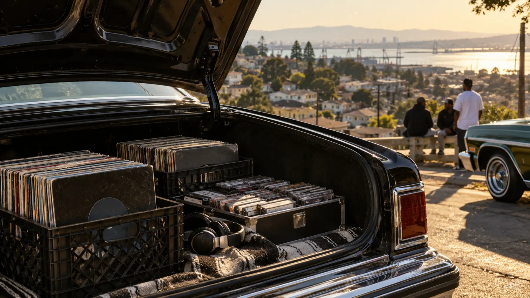 Records and cassette tapes in the trunk of a car overlooking the Bay