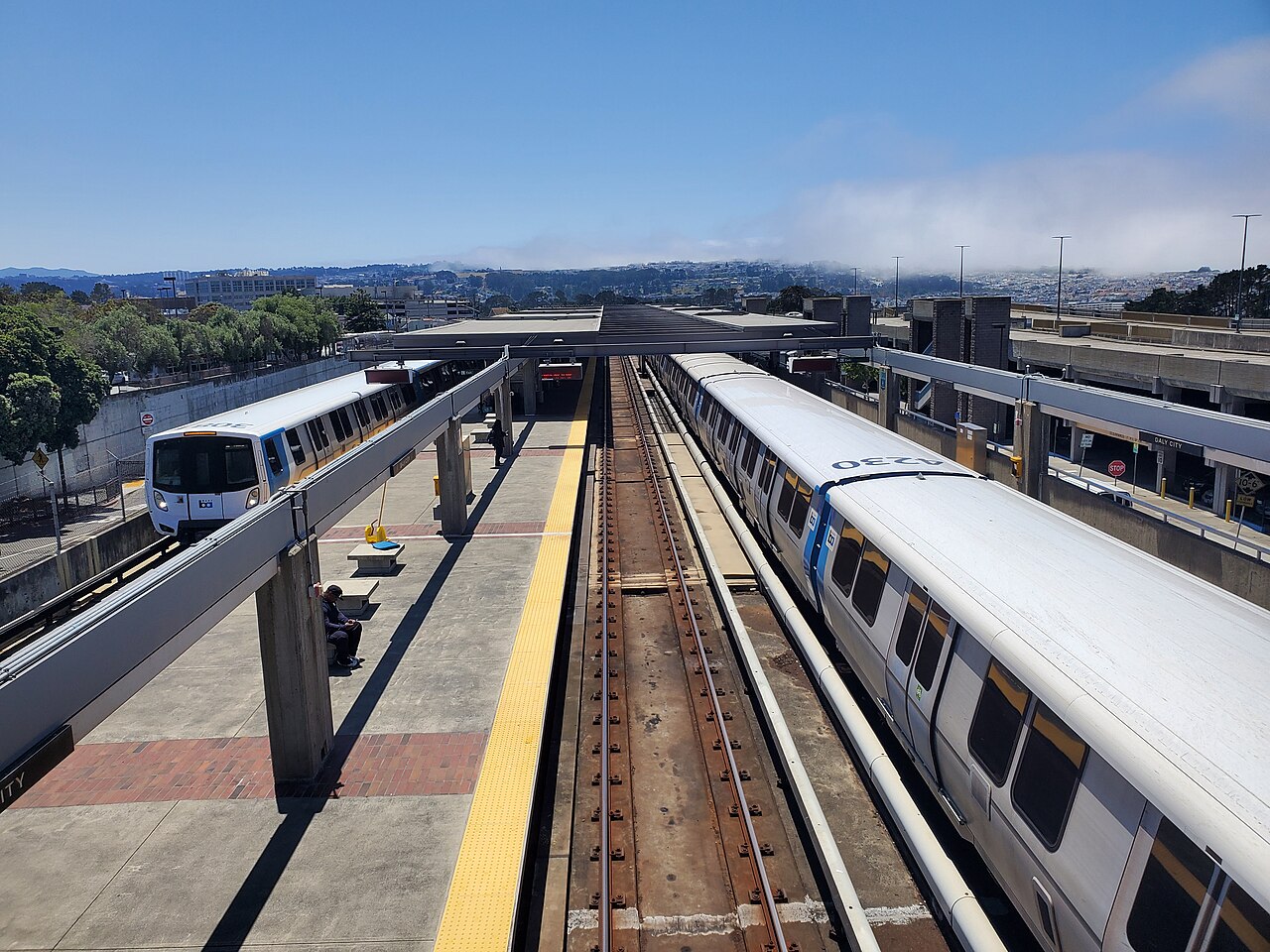 Two BART trains stopped at Daly City station